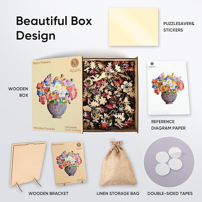 Delobil Flower Wooden Puzzles for Adults, 200 Pieces Vase Jigsaw Puzzles, Unique Shaped Medium Size Wood Puzzle Birthday Gifts for Mom Adults and Kids, Family Game 11'' x 11.3''