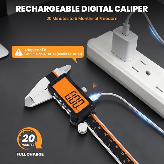 HARDELL Digital Caliper, Rechargeable Calipers with Large Orange Screen (No Backlight), Anti-Glare LCD & ABS Function, in/MM Caliper Measuring Tool, Stainless Steel Micrometer -Auto Off for Household