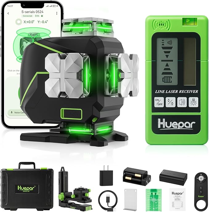 Huepar Laser Level 360 Self Leveling, 4x360° Green 4D Cross Line Laser with Receiver&LCD Screen, Bluetooth Outdoor Pulse Mode 16 Lines Laser Tool Kit for Construction, Remote Control Included -S04-5RG