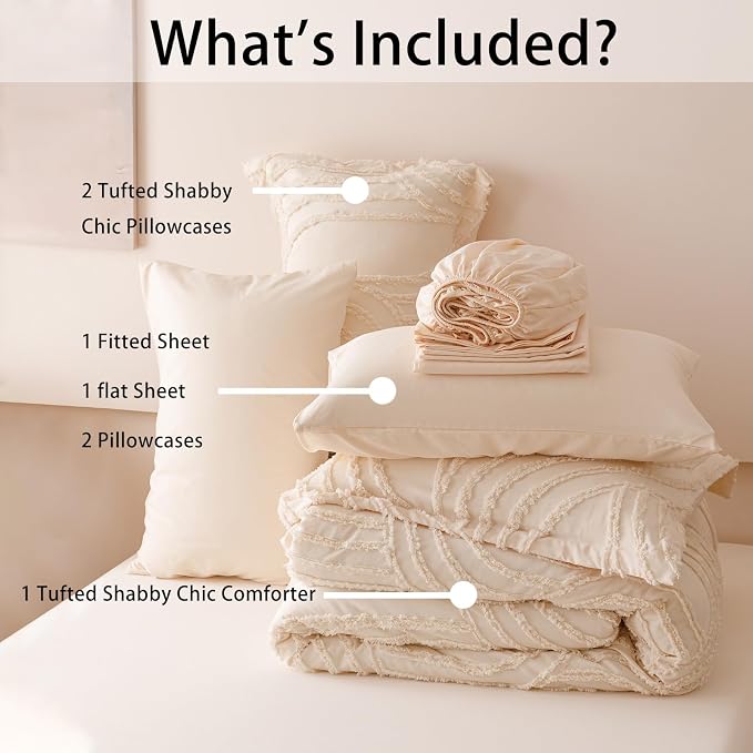 Nttopship Beige King Comforter Set - 7 Pieces Bed in a Bag, Premium Comforters King Size Bed Set Tufted Shabby Chic Bedding Comforter Set with Flat Sheet, Fitted Sheet and Pillowcases,Beige