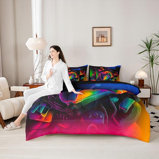 Erosebridal Gamer Bed in a Bag Queen Comforter Set 7 Piece | Game Consoles Bedding Sets Modern Gaming Comforter and Sheet Set, Abstract Vintage Bed Sets