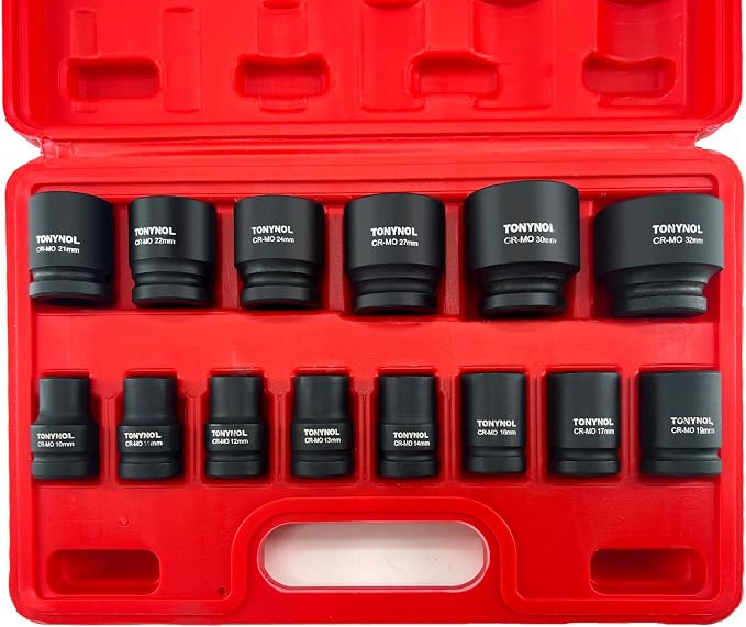 TONYNOL 1/2" Shallow Drive Impact Socket Set,6‑Point,Metric 10mm‑32mm,14Pcs | Cr-Mo Steel,With a Storage Case
