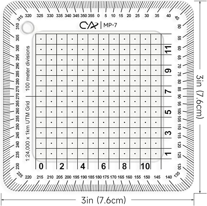 CYA Square Military Map Coordinate Scale Protractor Map for Land Navigation, Military Style UTM/MGRS Coordinate Scale