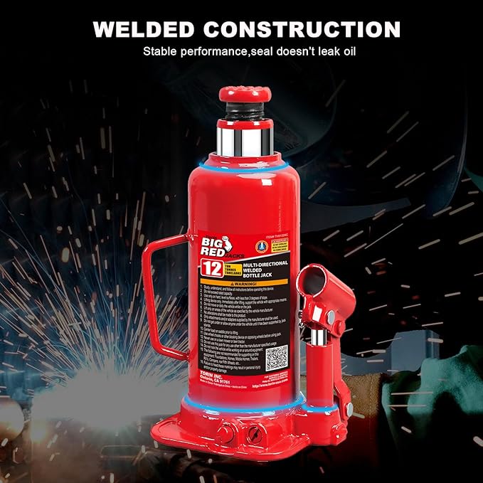 Big RED Welded Car Bottle Jack with Vertical and Horizontal Usage: Capacity 12 Ton (24,000 LBs), Red