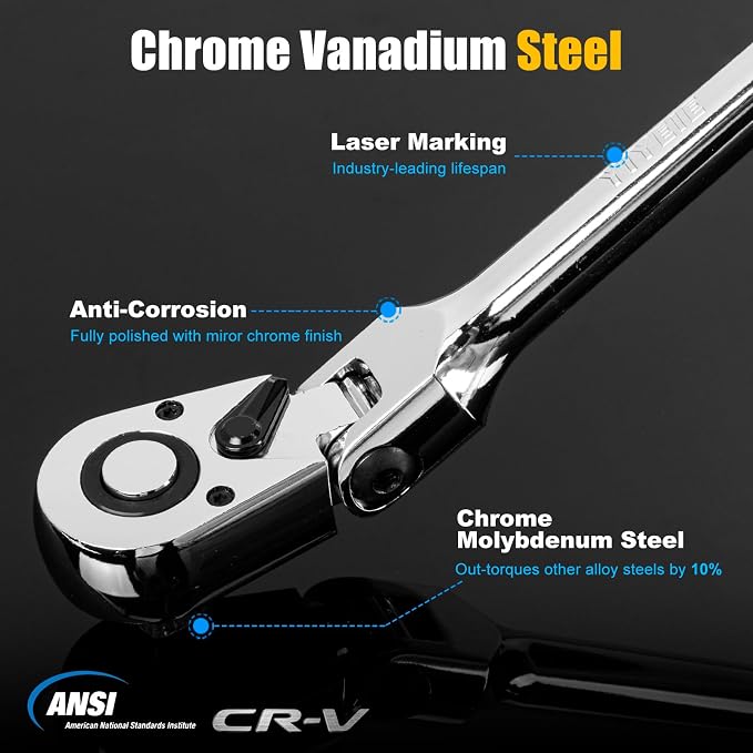 YIYEIE 1/4" Drive Flex Head Ratchet, 72 Tooth Swivel Ratchet, Quick-Release, Full-Polished Chrome Plating, for Auto Mechanic & DIYer with EVA Foam | 7 Inch Long