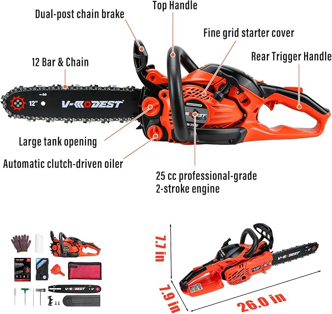 12 inch Gas Chainsaw, 25cc Lightweight Rear Handle Chainsaw | 2-stroke small gas chainsaw with auto oiler and side-access tensioner for tree pruning, branch trimming and yard cleanup