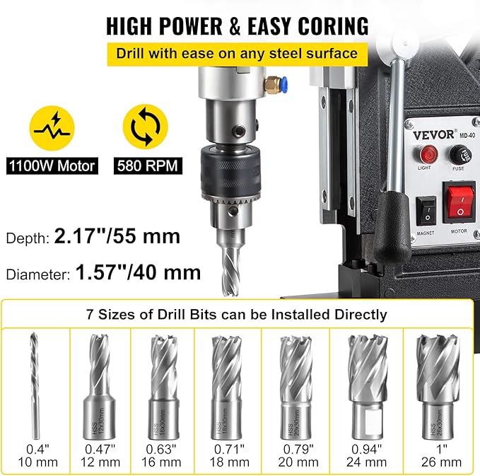 VEVOR Magnetic Drill, 1100W 1.57" Boring Diameter, 2697lbf/12000N Portable Electric Mag Drill Press with 7 Bits, 580 RPM Max Speed Drilling Machine for any Surface and Home Improvement