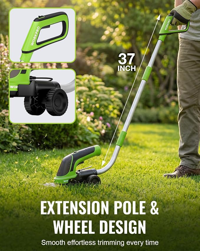 WORKPRO 3.6V Hedge Trimmer Cordless, 3-in-1 Electric Hedge Trimmer & Grass Cutter with 37'' Wheeled Extension Pole, 4.0Ah Removable Battery & Type-C Cable, Lightweight Bush Trimmer for Lawn & Garden