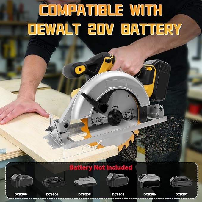 Cordless Circular Saw for Dewalt 20V Battery, 6-1/2 Inch Brushless Circular Saw, 0-45°Cutting Bevel,Max Cutting Depth 1.6" for Wood, Soft Metal, Plastic(No battery)
