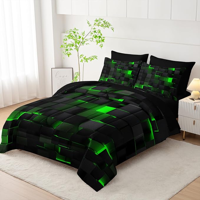 Nttopship Geometric Green Black Queen Comforter Set,Light Honeycomb Bedding Set 7 Piece in A Bag,Bed Sheet Set Geometry Decor,Microfiber Lightweight All Season