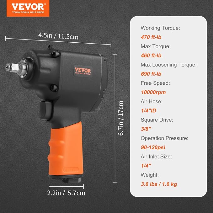 VEVOR Air Impact Wrench, 3/8-Inch Drive Air Impact Gun, Up to 690ft-lbs Nut-busting Torque, Lightweight Pneumatic Impact Wrench for Auto Repairs and Maintenance