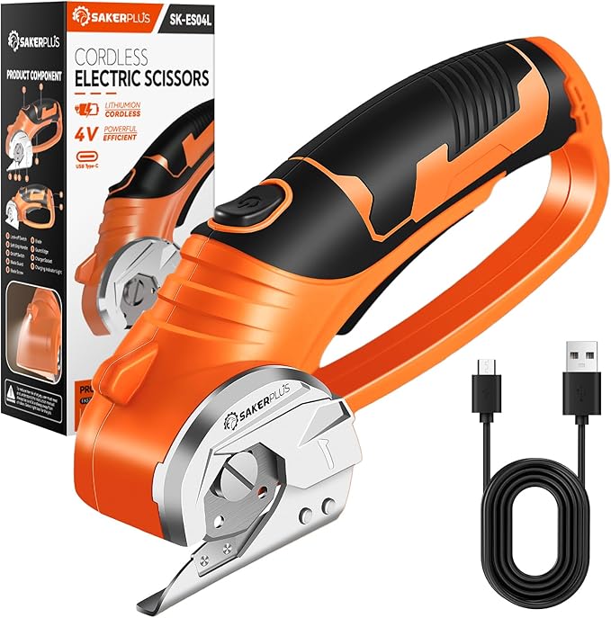 SakerPlus Cordless Electric Scissors, 4V Cardboard Cutter, Box Cutter Fabric Scissor with Safety Lock & LED Light, Rechargeable Power Rotary Cutters for Box Carpet Fabric Plastic Leather
