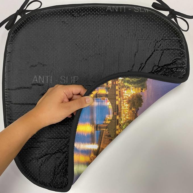 Lunarable Paris Chair Cushion Pads Set of 8, Notre Dame at Dusk Paris France Riverside Scenery Water Reflection, Anti-Slip Seat Padding for Kitchen & Patio, 16"x16", Yellow Brown Blue