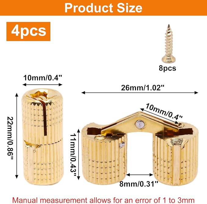 10mm Hidden Brass Barrel Hinges 180 Degree Opening Angle Cabinet Hinges for DIY Jewelry Box 1Hand 4 Pack