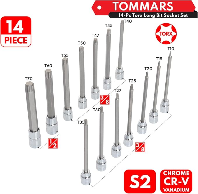 TOMMARS 14-PC Long Torx Bit Socket Set | T10, T15, T20, T25, T27, T30, T35, T40, T45, T47, T50, T55, T60, T70, 3/8", 1/2" Drive, S2 Alloy Steel
