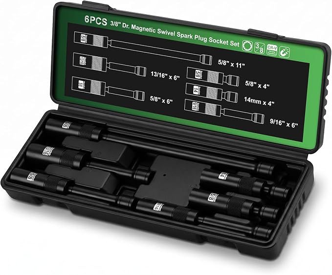 TecoTek 6-Piece 3/8" Drive Magnetic Swivel Spark Plug Socket Set, 12-Point, Includes 9/16", 5/8", 13/16", 14mm Sockets with 4", 6", 11" Extensions for Automotive Repair