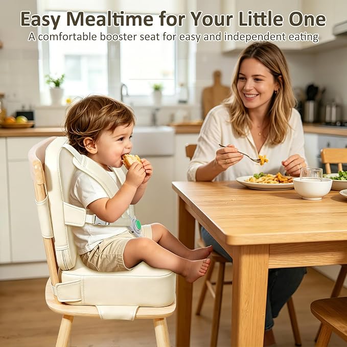 Toddler Booster Seat for Dining Table,Kitchen Chair Booster Cushion | Non-Slip Booster Seat with Backrest and 5 Piont Harness, PU Waterproof Travel Baby Booster Increasing Cushion