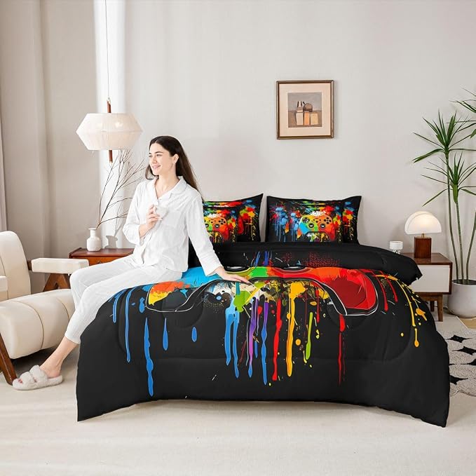 Erosebridal Gamer Twin Comforter Set with Sheets | Graffiti Tie Dye Game Consoles 7 Piece Bedding Set Gaming Bed in a Bag, Watercolor Abstract Art Room Decor