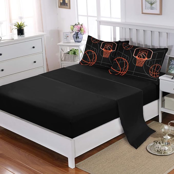 Basketball Court Print Twin Comforter Set for Boys,7Pcs Ball Sports Games Themed Bedding Set for Teens Kids Bedroom Decor,Soft Lightweight Comforter,Fitted Sheet,Flat Sheet,Pillowcases.