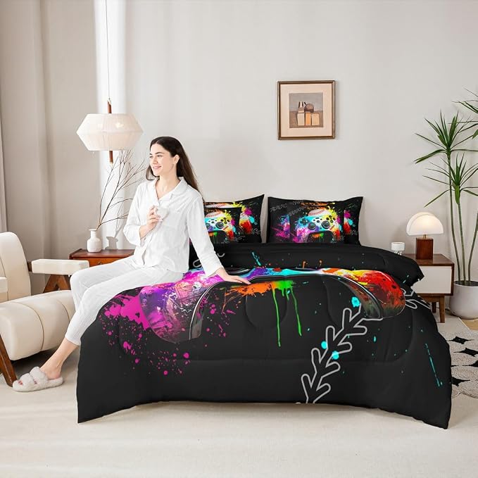 Gaming Consoles Bed in a Bag Queen Comforter Set 7 Piece,Baseball Sports Bedding Set for Boys,Gamer Comforter and Sheet Set Rainbow Tie Dye Bed Set,Gamer Decor for Boys Bedroom Gamer Gifts