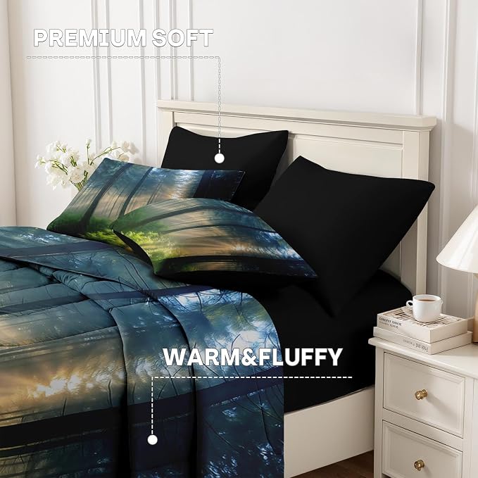 Nesker Comforter Set Queen Size, Sunlit Forest Nature 7 Pcs Bedding for Kids and Adults, Misty Tree Forest Bed Sheet Sets with Fitted Sheet 2 Pillowcases & 2 Shams