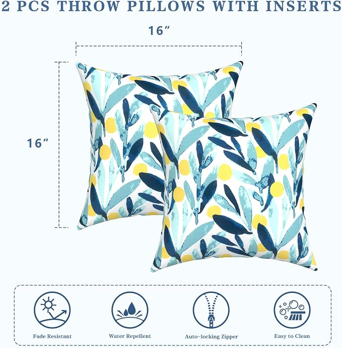 LVTXIII Outdoor Throw Pillows, Decorative Throw Pillows with Inserts, 16"x16" Square Pillows for Bed, Couch, Sofa and Patio Furniture, Set of 2, Leaves Multi