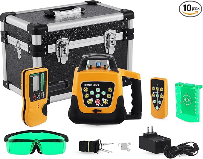 Rotary Laser Level Kit, 360 Degree Automatic Self Leveling Green Beam Horizontal Laser Transit, 500m Working Range for Construction, Building, Surveying