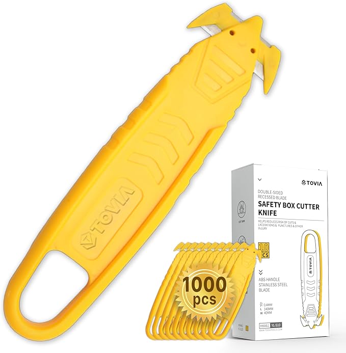 T TOVIA Safety Box Cutter Knife of Recessed Concealed Stainless Steel Blade, Package Opener Plastic Cutter for Box, Carton, Shrink Wrap, Plastic Straps, 1000pcs