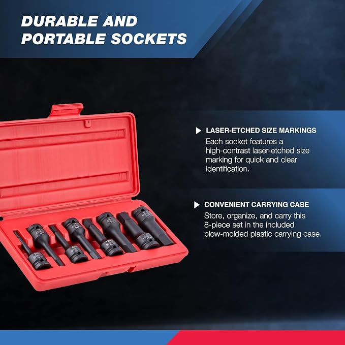 Neiko 01136B 1/2-Inch Drive Allen Hex Impact Socket Set, Metric, 6 mm - 19 mm, Cr-Mo, 8-Piece