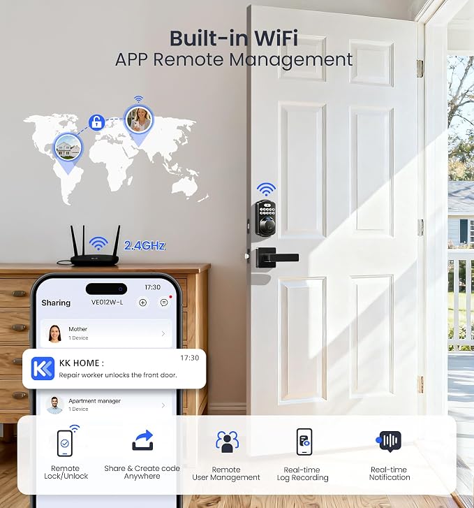 Veise VE012W-L WiFi Fingerprint Deadbolt Lock with Handle Set, Matte Black | Built-in WiFi, APP Remote & Voice Control, Real-time Alert, Smart Keyless Entry for Front Door, Back-Lit Keypad, Auto Lock