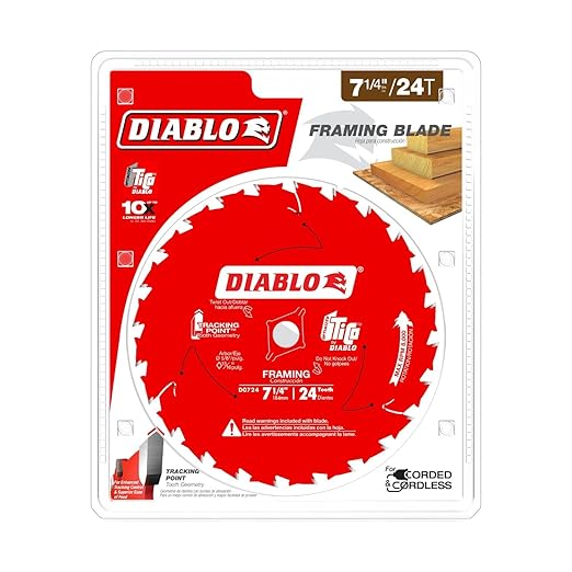 Diablo Framing Saw Blade for Wood - 7-1/4" x 24-Tooth, Thin Kerf, Anti-Vibration, Long Life for Framing & Pressure-Treated Wood, Tracking Point Tooth Design - D0724A
