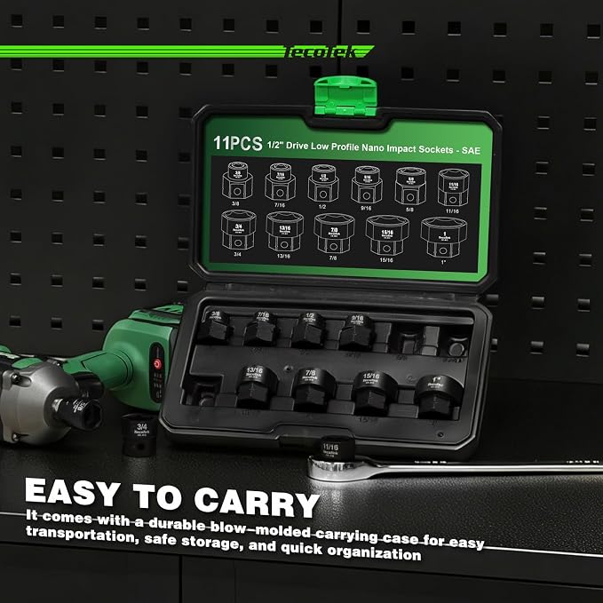 TecoTek 11Pc 1/2" Drive Low Profile Nano Impact Sockets - SAE