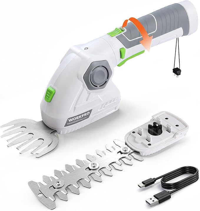WORKPRO Cordless Grass Shear & Shrubbery Trimmer - 2 in 1 Handheld Hedge Trimmer 7.2V Electric Grass Trimmer Hedge Shears/Grass Cutter 2.0Ah Rechargeable Lithium-Ion Battery and USB Cable Included