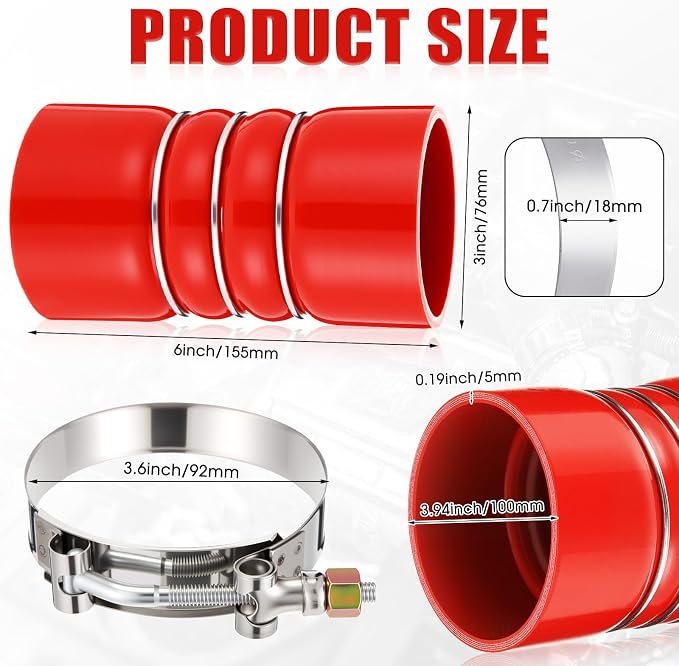 4 Pack 3"x 6" Silicone Charge Air Cooler Hump Hose with T-bolt Spring Loaded Clamps Semi Truck Hose Set Heavy Duty Turbo, Air Intake and Intercooler Kit(Red,3"x 6")
