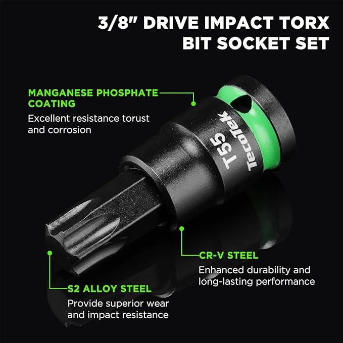 TecoTek 3/8" Drive Impact Torx Bit Socket Set, Extra Long Torx Socket, S2 Alloy Steel Star Bit Sockets, 24PCS Star Bit Set, T10-T60, 2in & 6in Long, CR-V & S2 Alloy Steel Set, Enhanced Storage Case