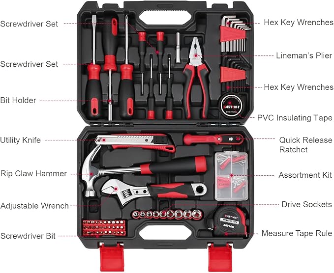 Eastvolt 128-Piece Home Repair Tool Set, Tool Sets for Homeowners, General Household Hand Tool Set with Storage Toolbox, EVHT12801, Black + Red (ASK01) (Pack of 5)