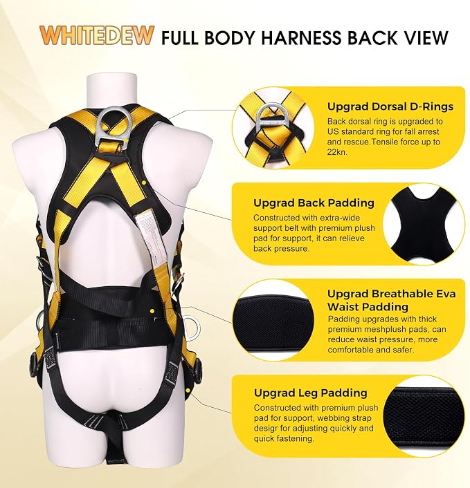 Fall Protection Premium Safety Harness with Shock Absorbing Lanyard, Vented & Padded Shoulder, Legs & Back - Upgrade 4 Quick Buckles (Yellow)