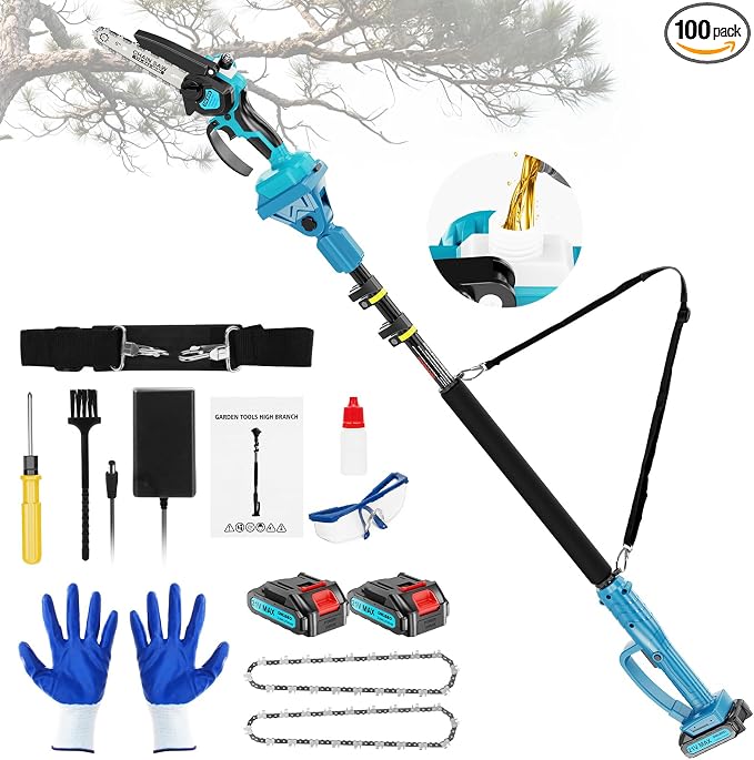 Pole Saws for Tree Trimming, 2-in-1 Pole Saw＆6 Inch Mini Chainsaw,with Extension,Max Reach 16 Ft,Electric Pole Saw Used for Wood Cutting and High-Branch Pruning,2× 21V 2.0Ah Battery