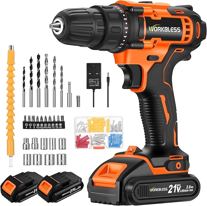 WORKBLESS 21V Power Drill Set, Cordless Drill with Batteries and Charger, 3/8'' Keyless Chuck, Variable Speed, 18+1 Torque Setting and 28pcs Bits Tool Set(Orange, 2 Batteries)