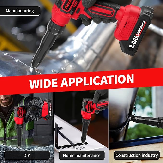FULLYEA Electric Rivet Gun, Cordless Rivet Gun with 2 Pack Batteries and Fast Charger, Brushless Motor Rivet Gun Tool, Led Light, Automatic Power Rivet Gun Kit for 3 Size (1/8", 5/32", 3/16") Rivets