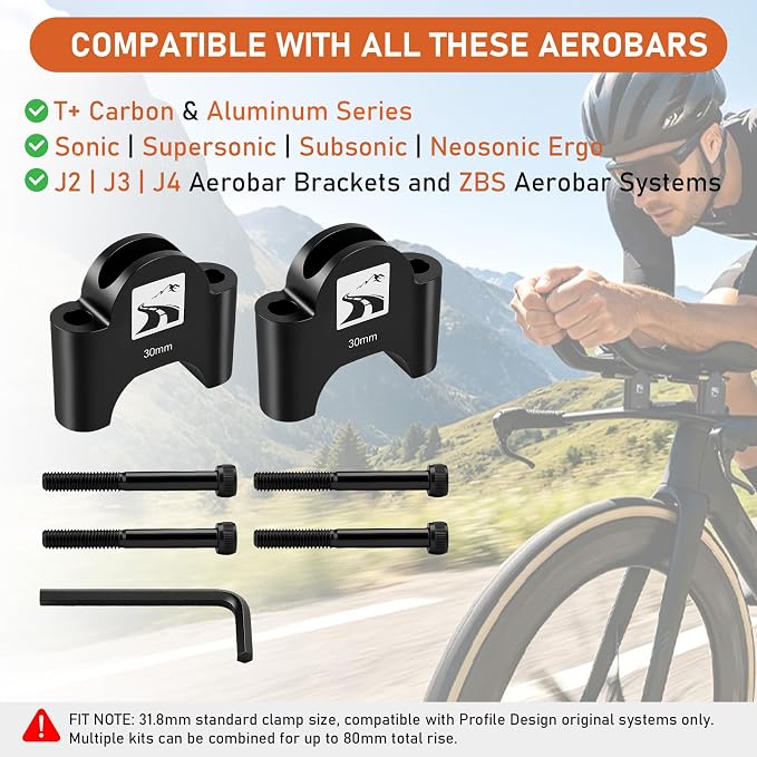 30mm Aluminum Aerobar Riser Kit, Clip On Aero Bars Armrest Handlebar Spacers for Road Bike Triathlon and Time Trial, Compatible with Profile Design 31.8mm Clamp, with M5 & M6 Mount Bolts