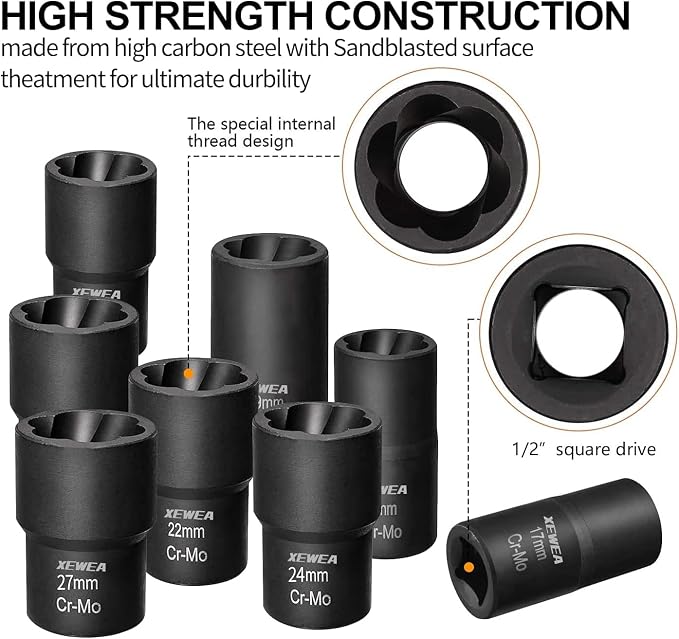XEWEA 15PCS 1/2" Drive Lug Nut Extractor Set, Wheel Lock Removal Kit | Imapact Twist Socket Extractor Set, Cr-Mo Lug Nut Removal Tool for Removing Damaged, Frozen, Rusted, Rounded-Off Bolts, Nuts