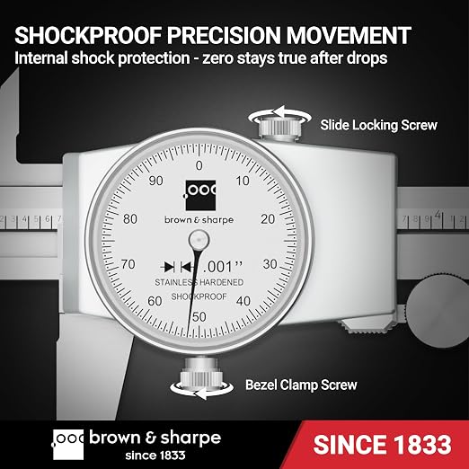 TESA Brown & Sharpe 599-579-8-1 Stainless Steel Dial Caliper, White Face, 0"-8" Range, +/-0.001" Accuracy, 0.001" Resolution, Meets DIN 862 Specifications