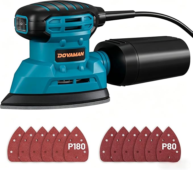 DOVAMAN 130W Detail Sander, 12000RPM Palm Sander Tool, Dust Collection System, 12PCS Sandpaper, Compact Hand Tool for Wood Steel Surfaces