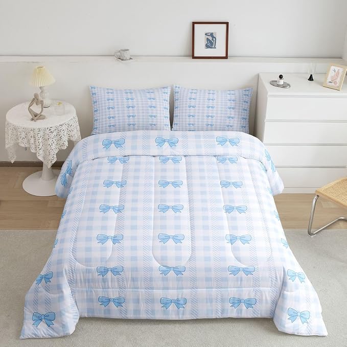 Feelyou Blue Grid Bowknot Bedding Set Soft for Boys Girls, Bow Checkered Comforter Set Queen Size Princess Duvet Quilt Microfiber Bedroom Decor 3 Pcs with 2 Pillow Cases