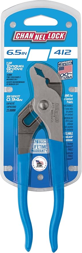 CHANNELLOCK 412 6.5-inch V-Jaw Tongue & Groove Pliers, Made in USA, 0.94-inch Jaw Capacity, Forged High Carbon Steel, More Points of Contact on Round Stock