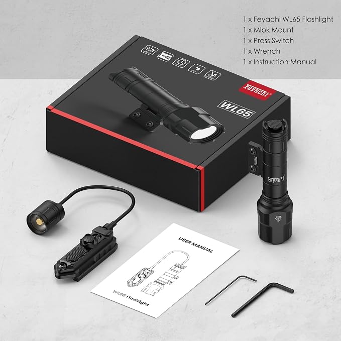 Feyachi Rifle Light 1200LM 22500Candela WL25 Tactical AR Flashlight LED Outdoor Light with Pressure Switch & Picatinny Rail Mount, 3 Modes - High/Low/Strobe (Mlok-Black)