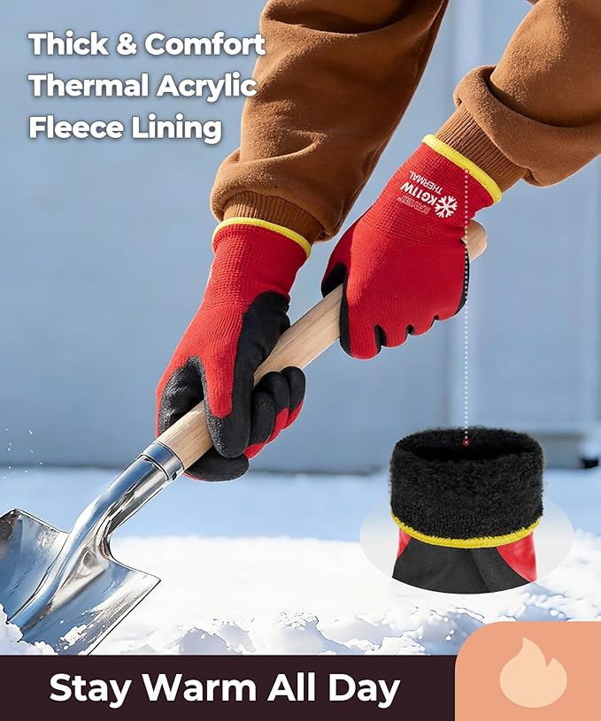 KAYGO 12 Pairs Winter Work Gloves for Men and Women, Thermal Insulated Safety Work Gloves PU Coated, Super Grip,Ideal for Freezer Work,Red,XL