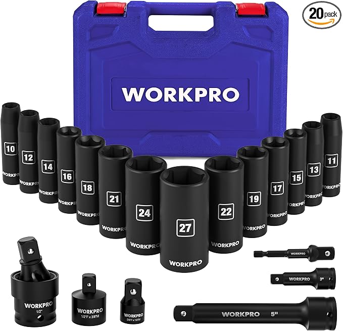 WORKPRO 20-Piece 1/2＂ Drive Deep Impact Socket Set, Metric | 6-Point, Cr-V Steel, 10-27mm, Universal Joint, Adapter and Extension Bar, Automotive Repair, Garage Tools
