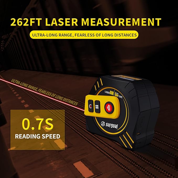 2-in-1 Laser Tape Measure 262ft Rechargeable Digital Tape Measure with Laser 16Ft Construction Measuring Tape for Woodworking and DIY, Pythagorean, Area, Volume, Ft/Ft+in/in/M Unit Magnetic Hook